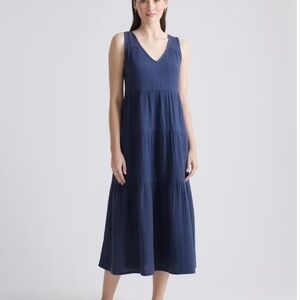 Quince Indigo Blue 100 % Organic Cotton Gauze Tiered Maxi Dress sz XS Sleeveless